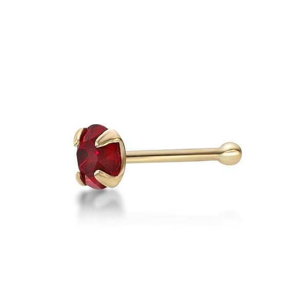 14K Stragiht Bone Red Swarovski Nose Stud - 20G