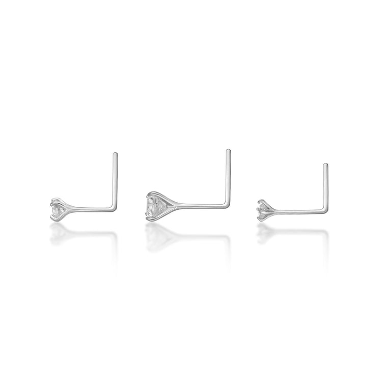 14K Gold L-Shaped Cubic Zirconia Nose Ring Set - 22G