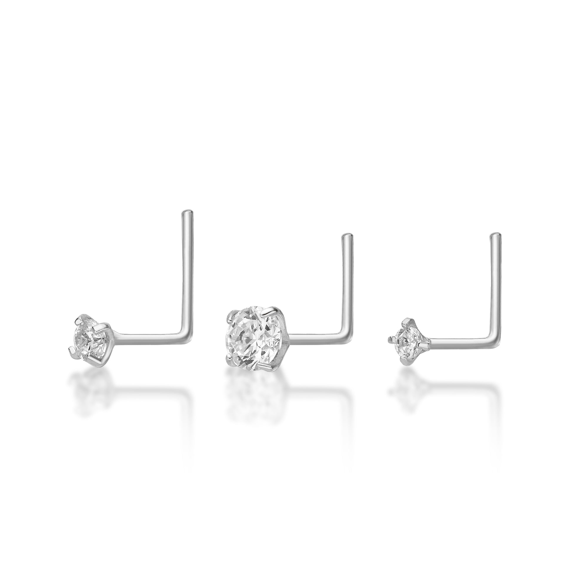 14K Gold L-Shaped Cubic Zirconia Nose Ring Set - 22G