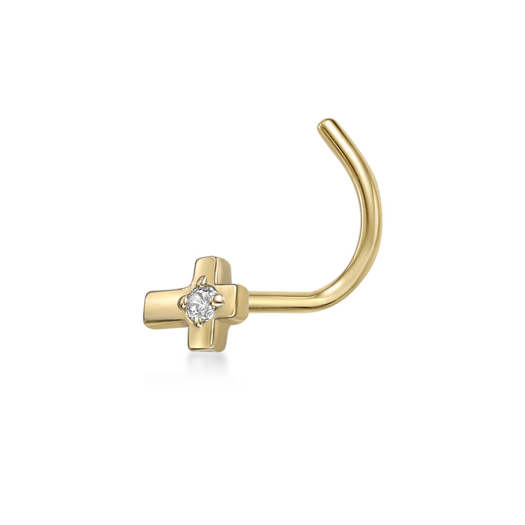 14K Cubic Zirconia Cross Curved Nose Ring - 20G