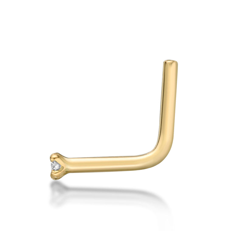 14K Gold L-Shaped Diamond Nose Ring - 18G