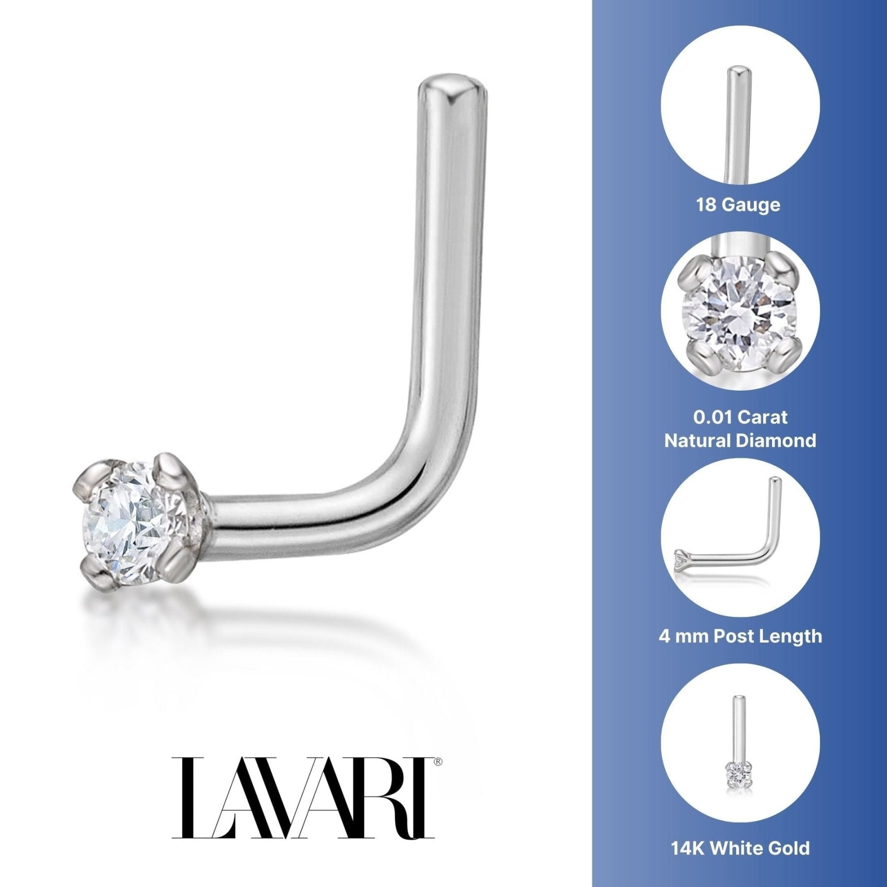 14K Gold L-Shaped Diamond Nose Ring - 18G