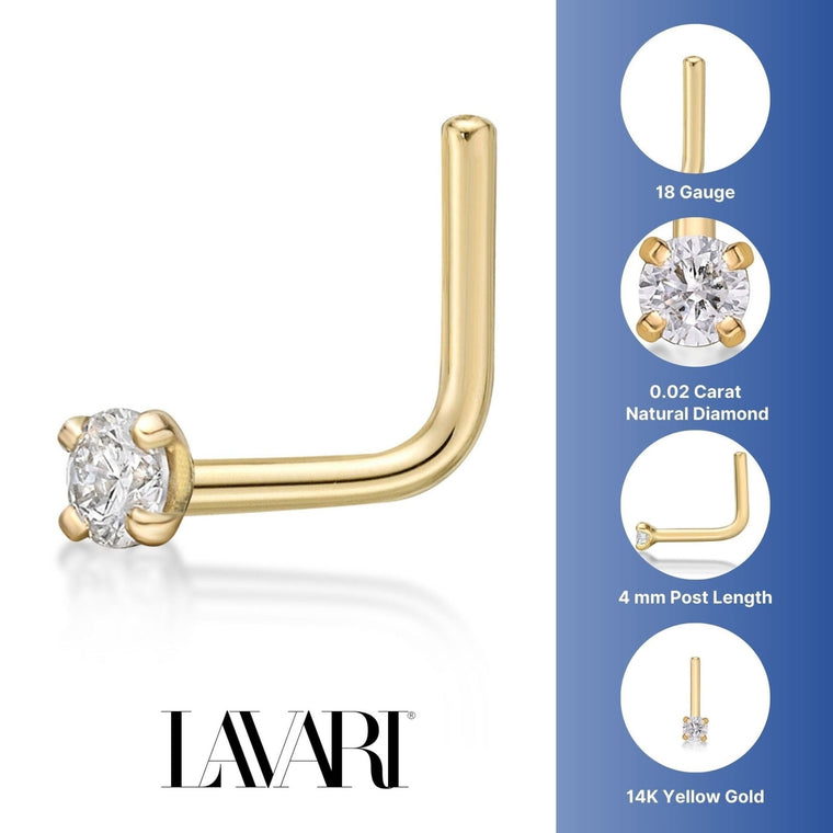 14K Gold L-Shaped Diamond Nose Ring - 18G