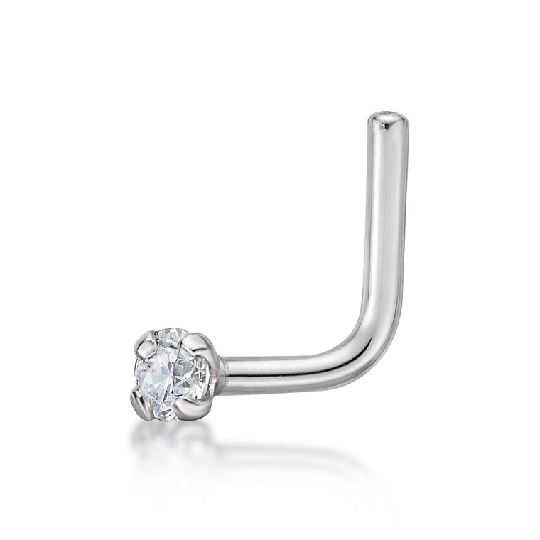 14K Gold L-Shaped Diamond Nose Ring - 18G