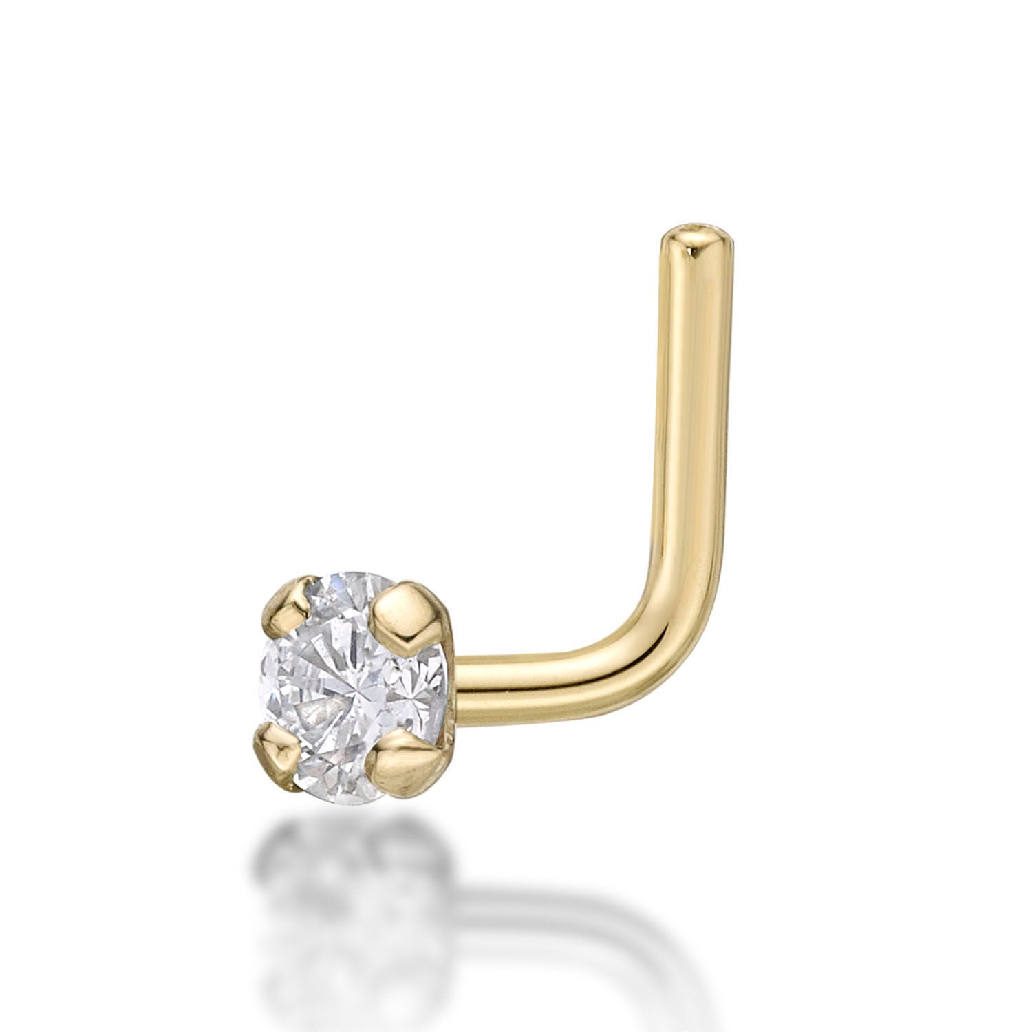 14K Gold L-Shaped Diamond Nose Ring - 18G