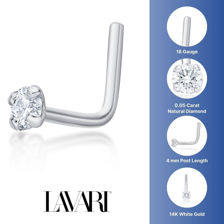 14K Gold L-Shaped Diamond Nose Ring - 18G