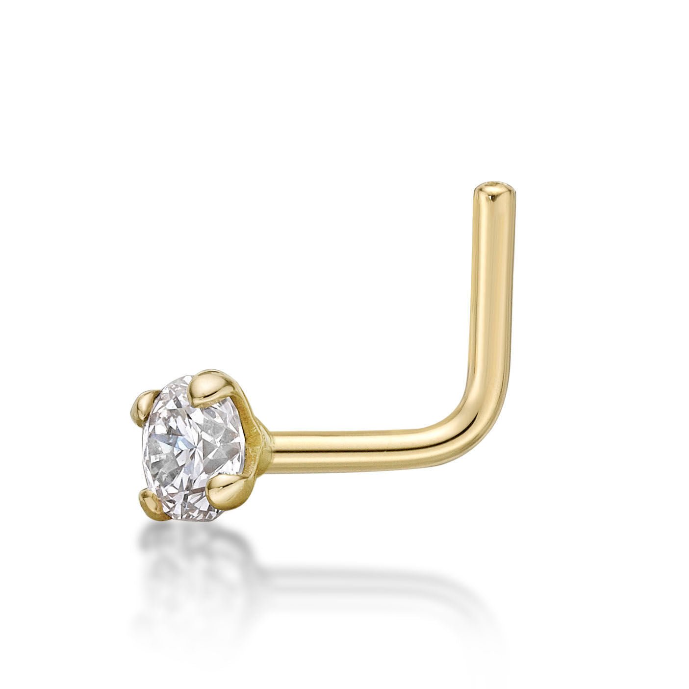14K Gold L-Shaped Diamond Nose Ring - 18G