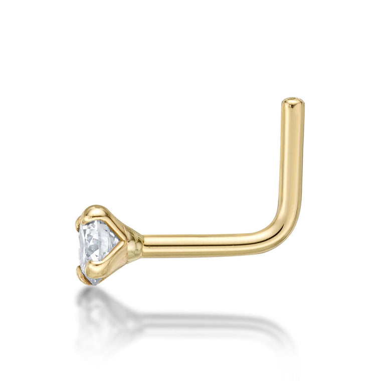 14K Gold L-Shaped Diamond Nose Ring - 18G