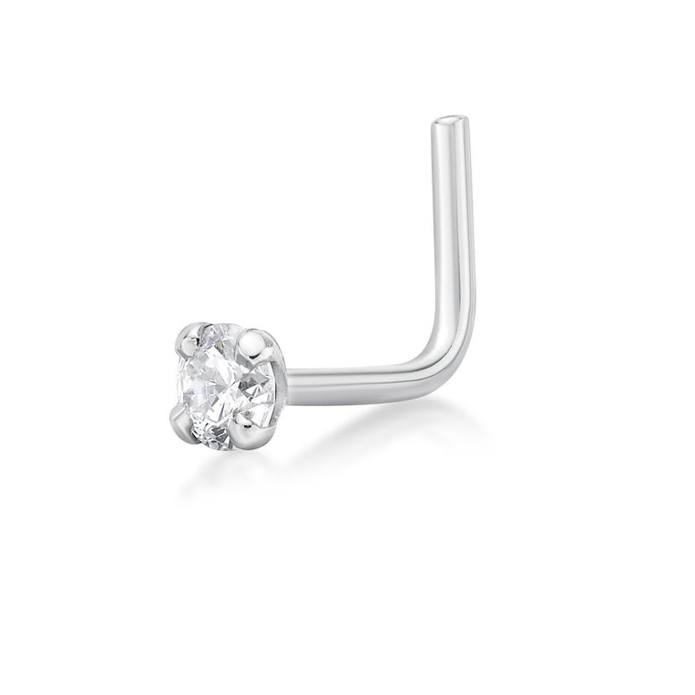 14K Gold L-Shaped Diamond Nose Ring - 18G
