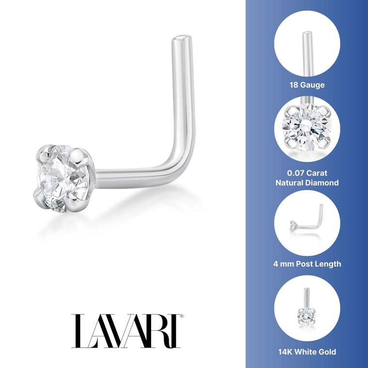 14K Gold L-Shaped Diamond Nose Ring - 18G