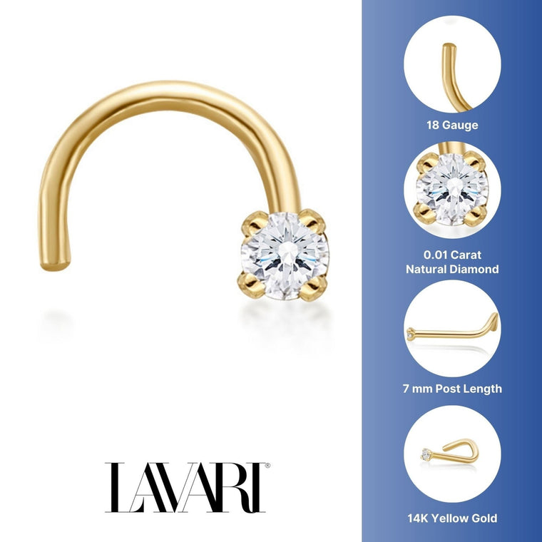 14K Gold Screw Diamond Nose Ring - 18G