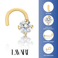 14K Gold Screw Diamond Nose Ring - 18G