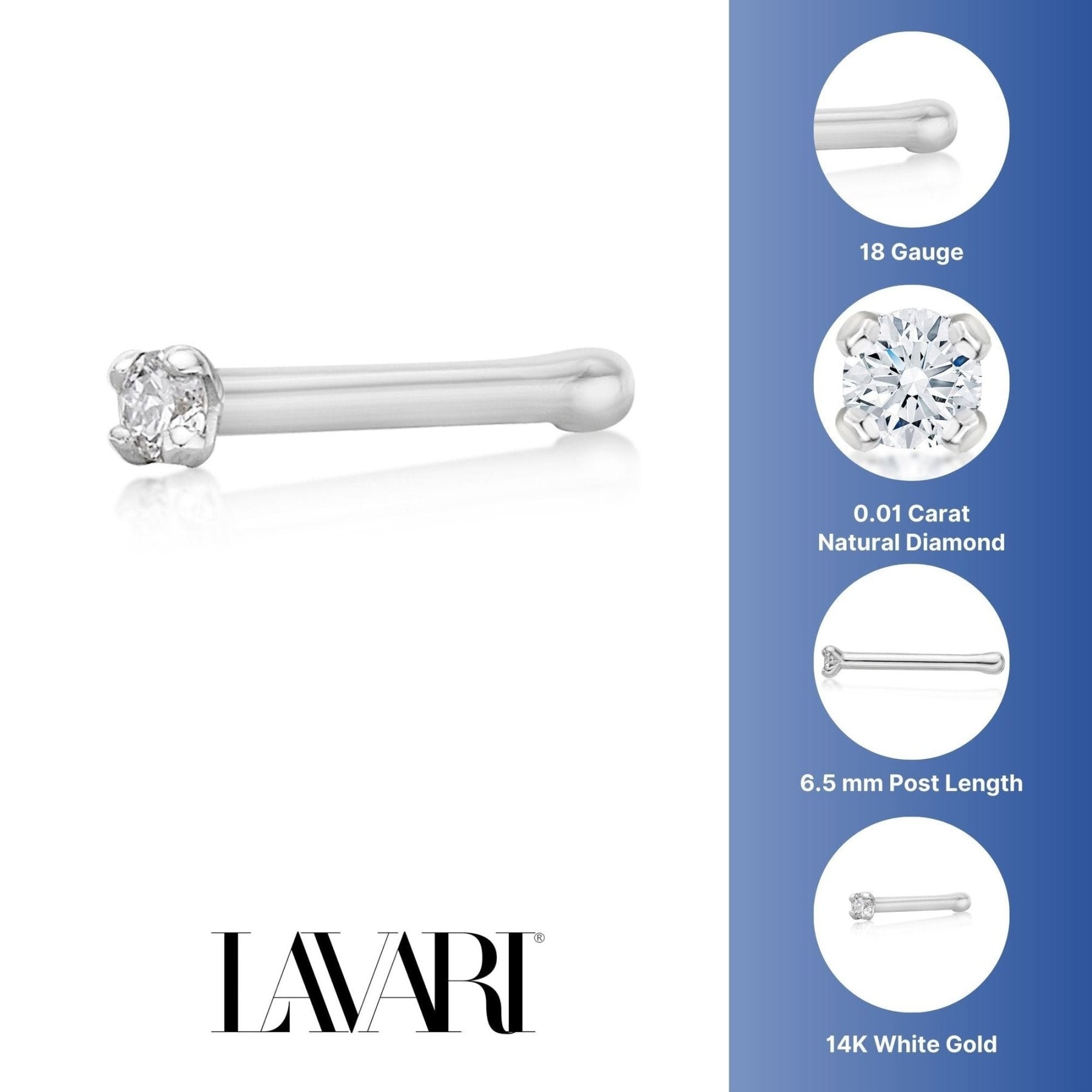 14K Gold Straight Bone Diamond Nose Ring - 18G