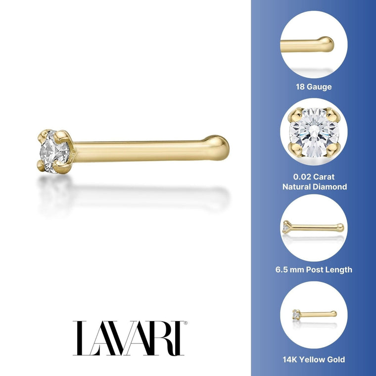 14K Gold Straight Bone Diamond Nose Ring - 18G