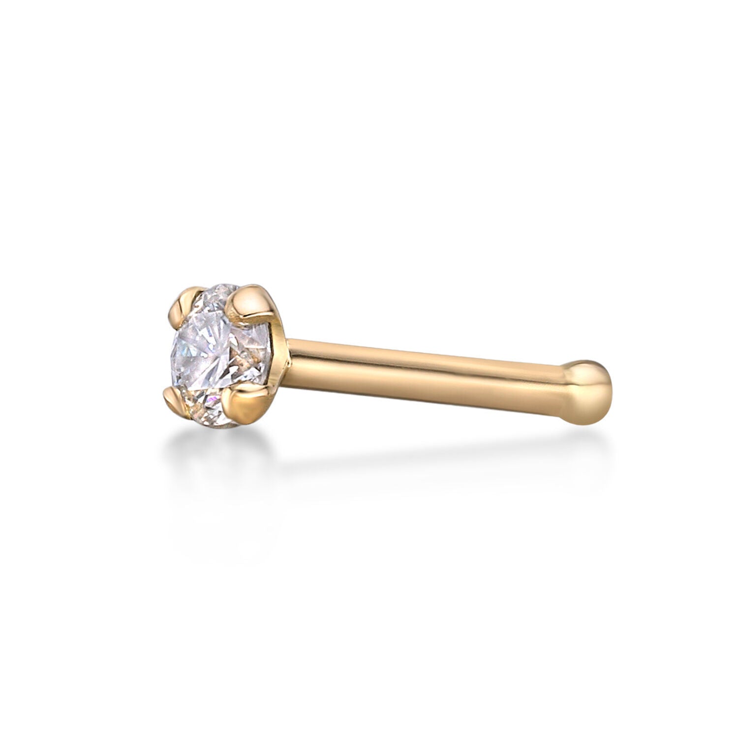 14K Gold Straight Bone Diamond Nose Ring - 18G