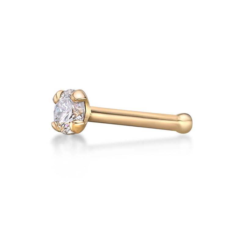 14K Gold Straight Bone Diamond Nose Ring - 18G
