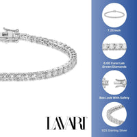 3.00 - 6.00 Carat Lab Grown Diamond Tennis Bracelet for Women in 925 Sterling Silver 7.25 Inch (G-H, VS2-SI1) Box with Tongue and Safety
