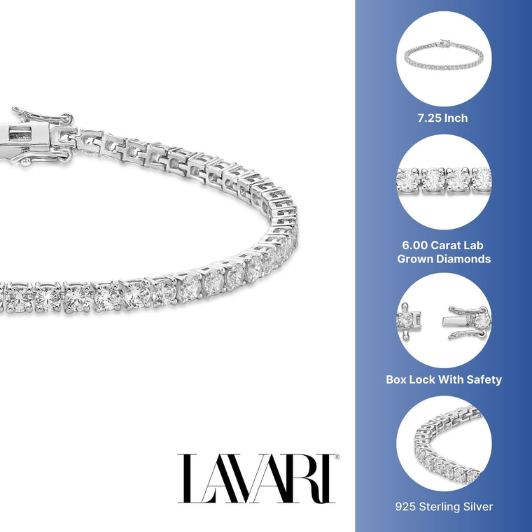 3.00 - 6.00 Carat Lab Grown Diamond Tennis Bracelet for Women in 925 Sterling Silver 7.25 Inch (G-H, VS2-SI1) Box with Tongue and Safety