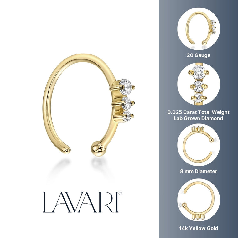 14K Gold Three-Stone 0.025 Carat Lab Grown Diamond Nose Hoop - 20G