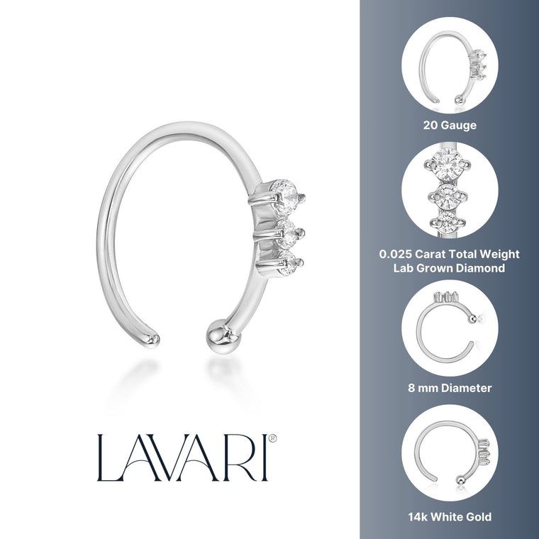 14K Gold Three-Stone 0.025 Carat Lab Grown Diamond Nose Hoop - 20G