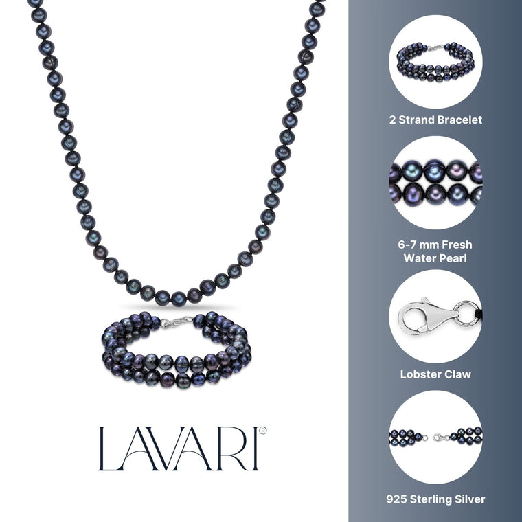 Black Pearl Necklace and Triple Strand Bracelet Gift Set