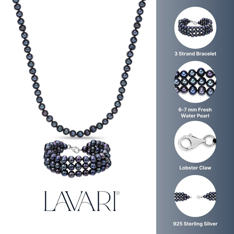 Black Pearl Necklace and Triple Strand Bracelet Gift Set