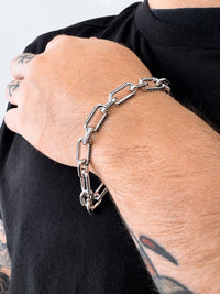 Black Spinel Paperclip Link Bracelet with Carabiner Hook in Sterling Silver, 8.5"