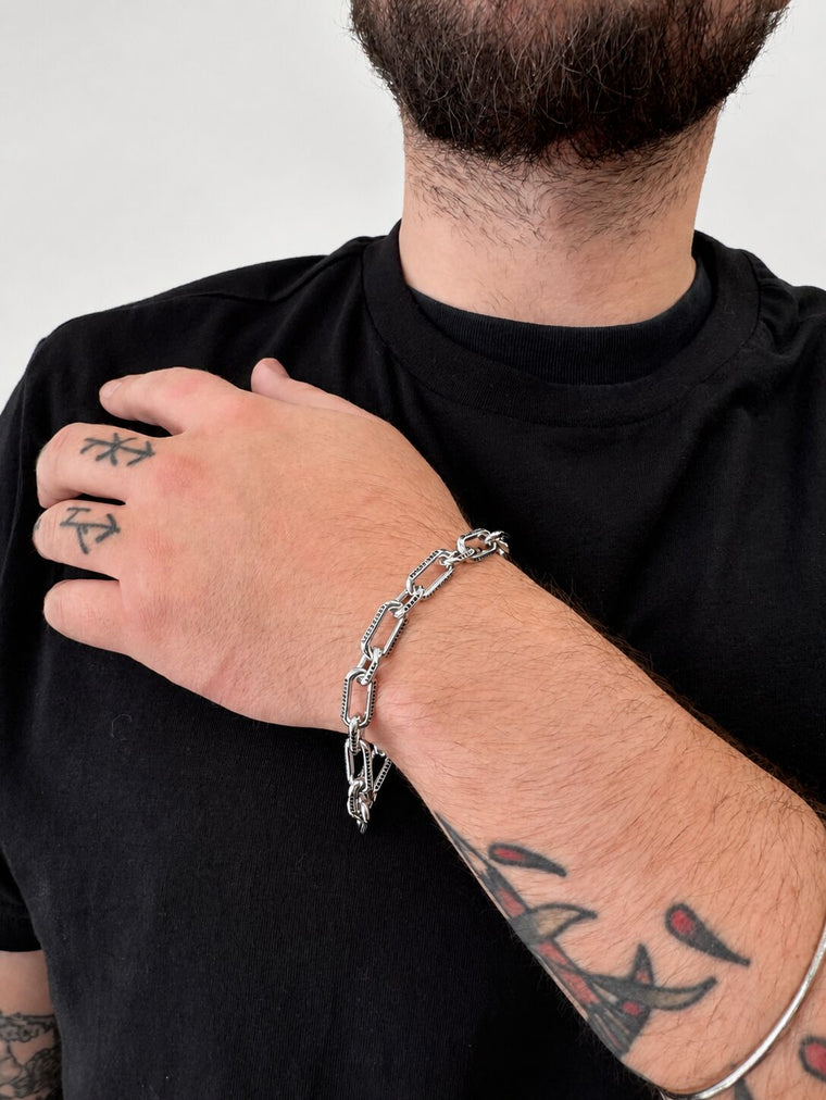 Black Spinel Paperclip Link Bracelet with Carabiner Hook in Sterling Silver, 8.5"
