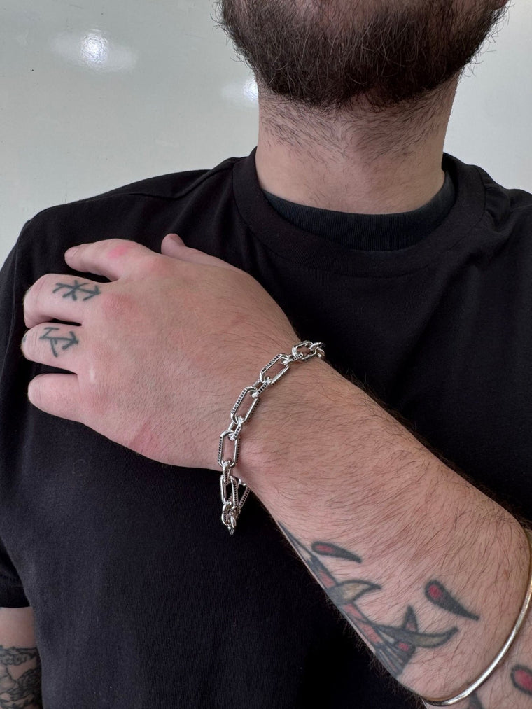 Black Spinel Paperclip Link Bracelet with Carabiner Hook in Sterling Silver, 8.5"