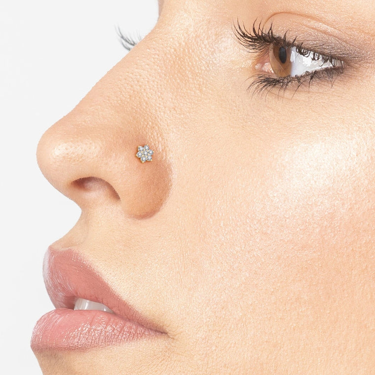 14K Gold Flower Screw Lab Grown Diamond Nose Ring - 20G