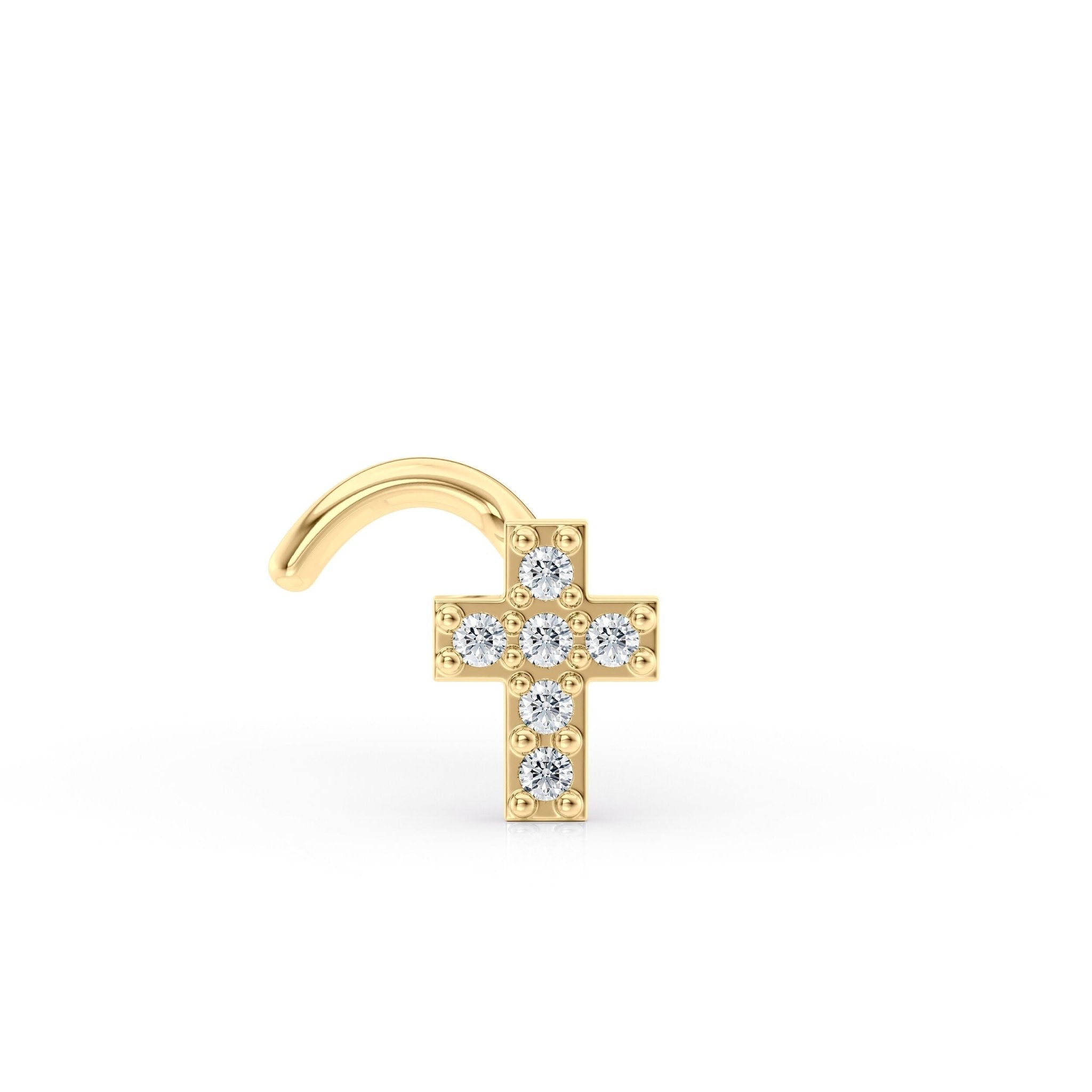 14K Cross CZ Curved Nose Ring - 20G