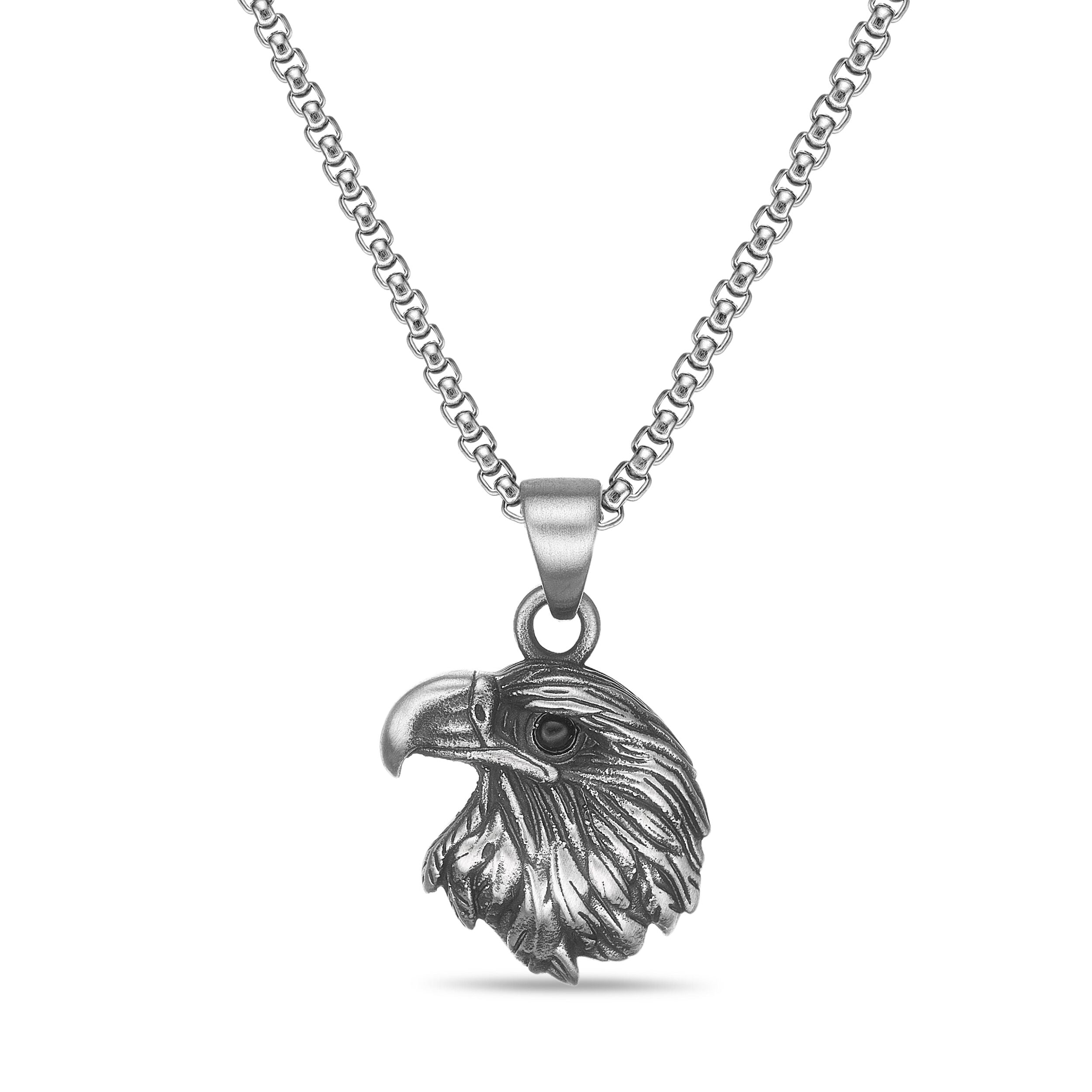 Eagle Head Pendant with Black Agate in Antique Finish Stainless Steel