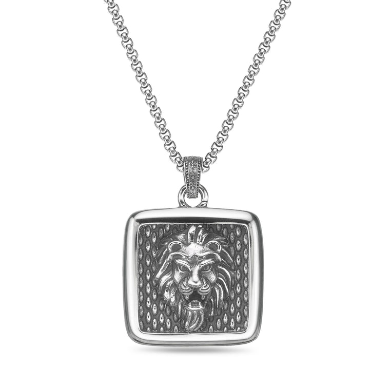 Lion Square Medallion Pendant in Antique Finish Stainless Steel