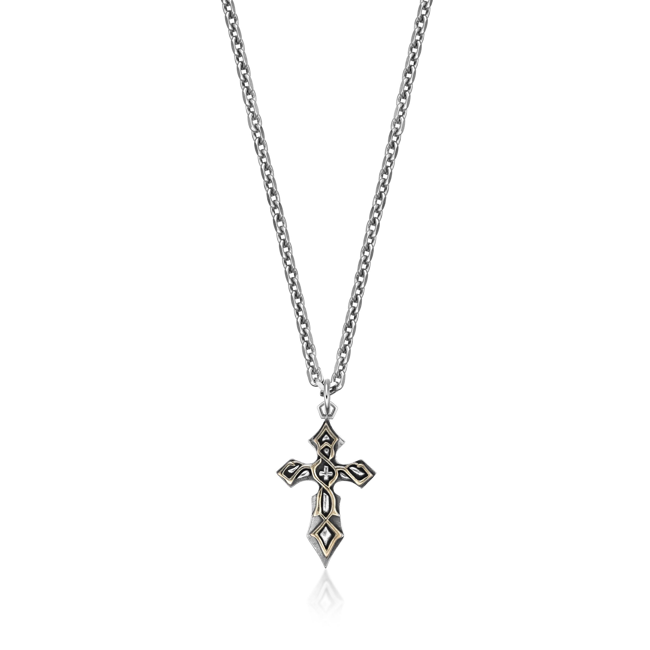 Men's Two-Tone Cross Pendant in Sterling Silver with Yellow Gold Plated Accent