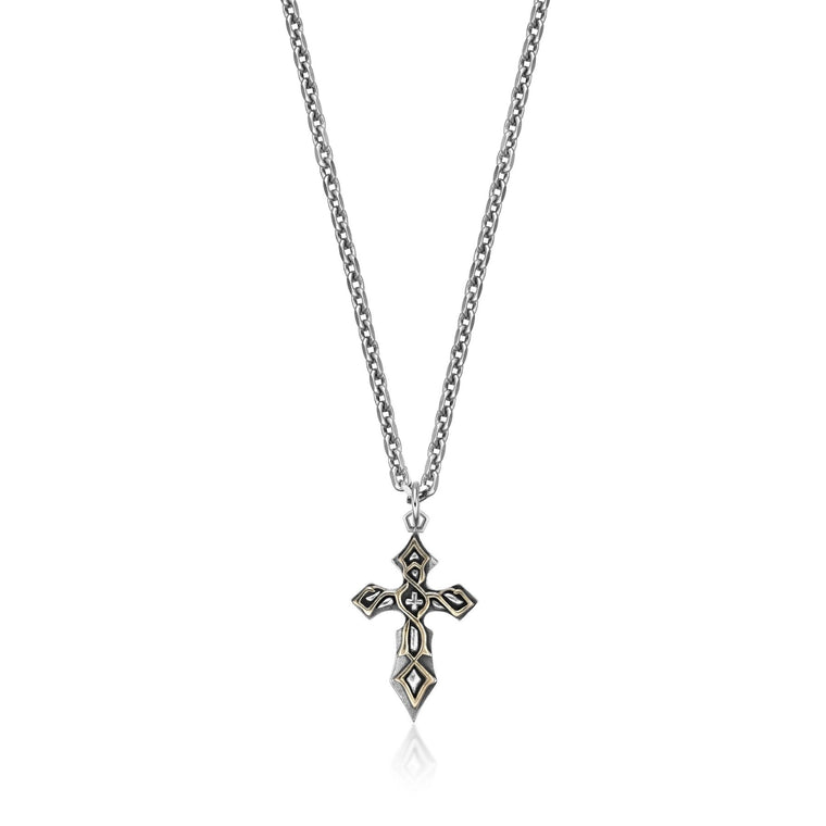 Men's Two-Tone Cross Pendant in Sterling Silver with Yellow Gold Plated Accent