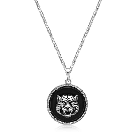 Men’s Black Agate Tiger Medallion Pendant in Stainless Steel