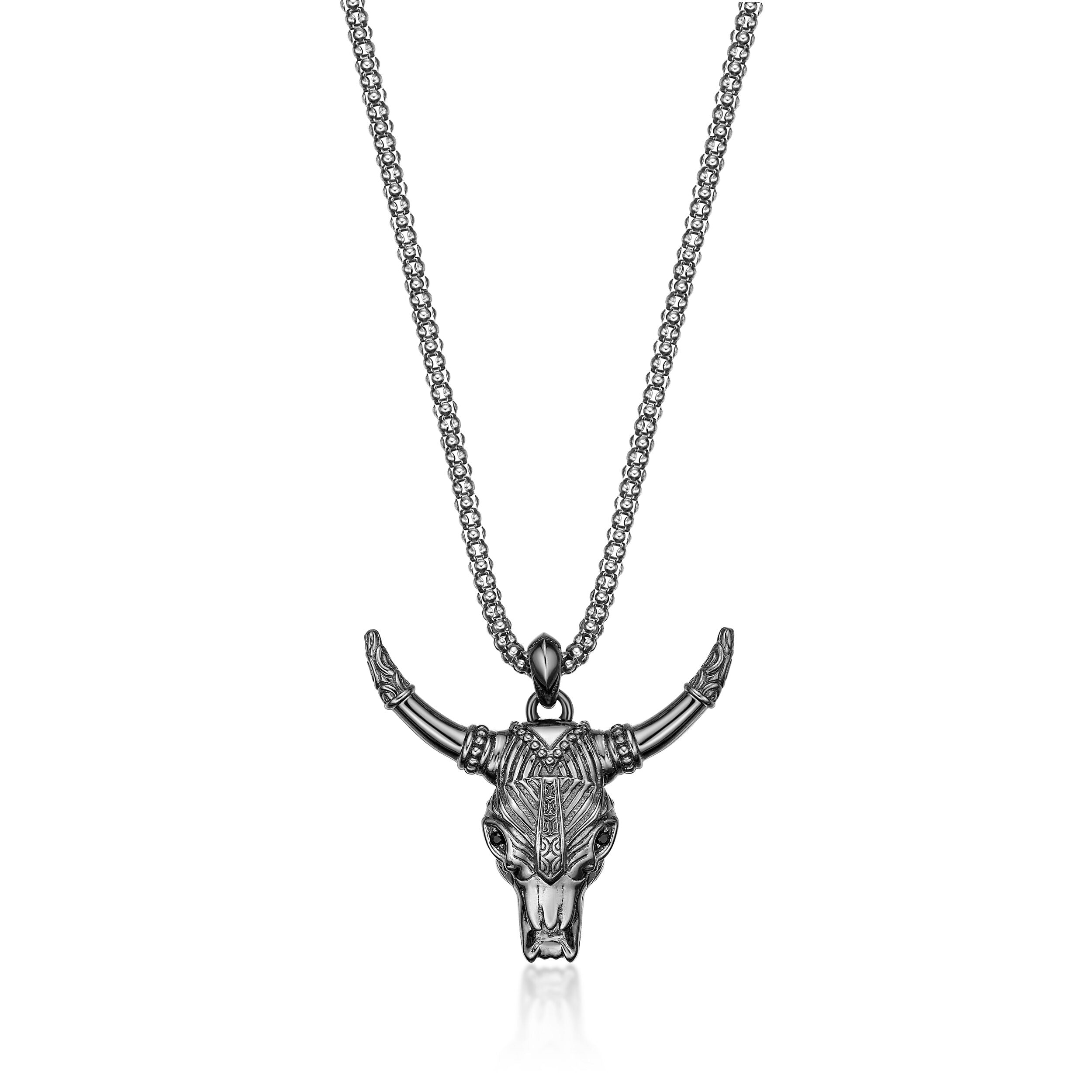 Men's Bull Pendant with Black Spinel in in Oxidized Sterling Silver
