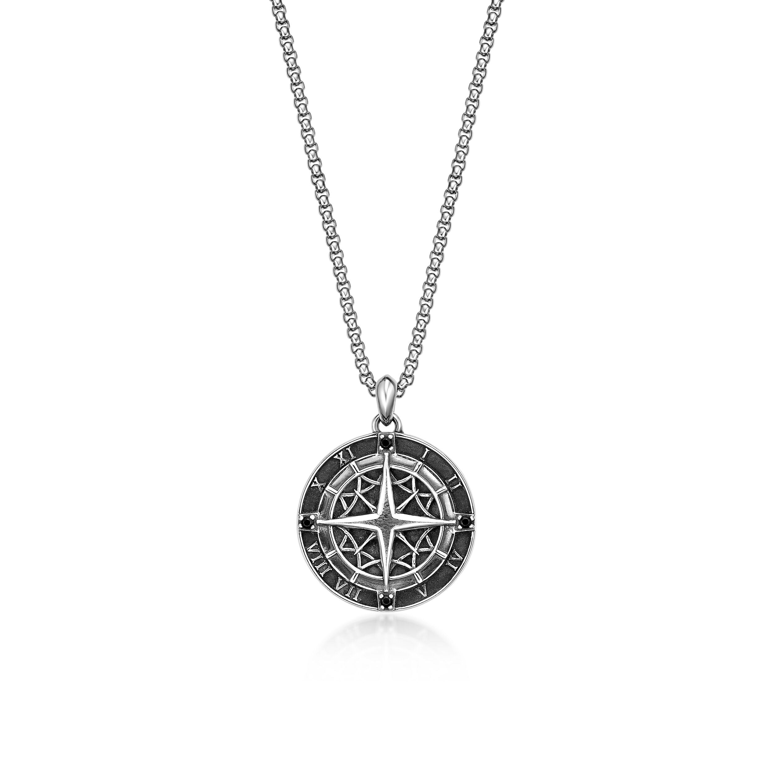 Men's Black Spinel Compass Medallion Pendant in Sterling Silver