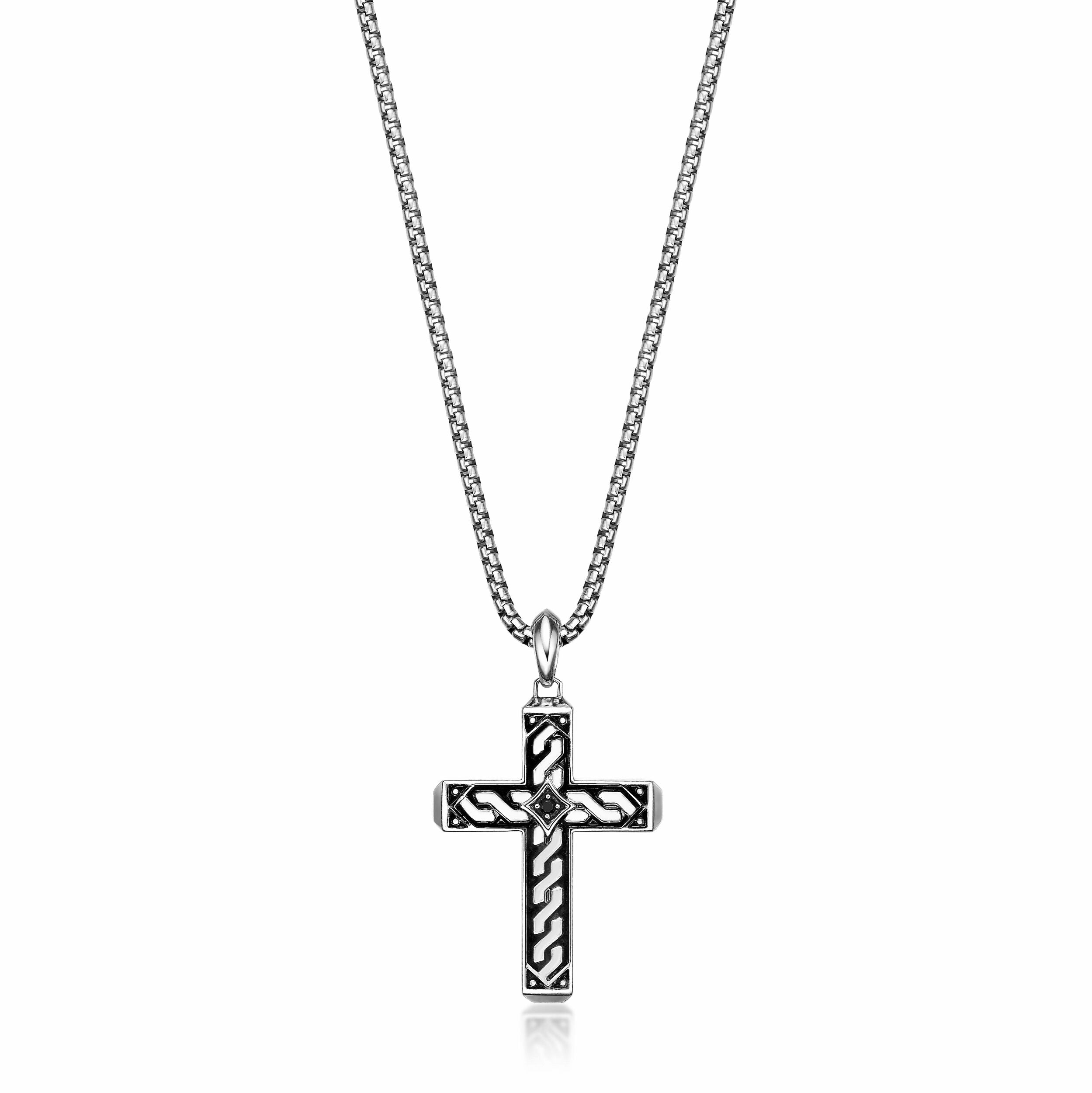 Men's Black Spinel Cross Pendant in Sterling Silver