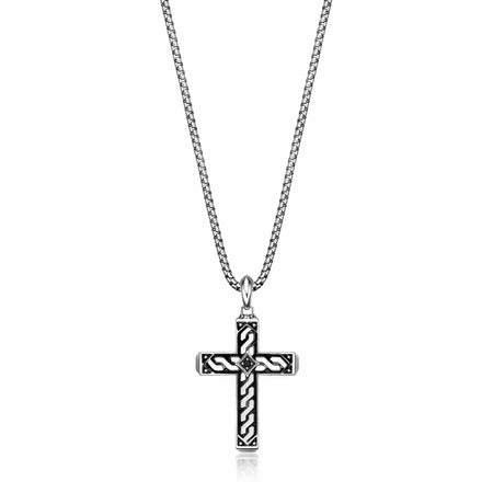 Men's Black Spinel Cross Pendant in Sterling Silver