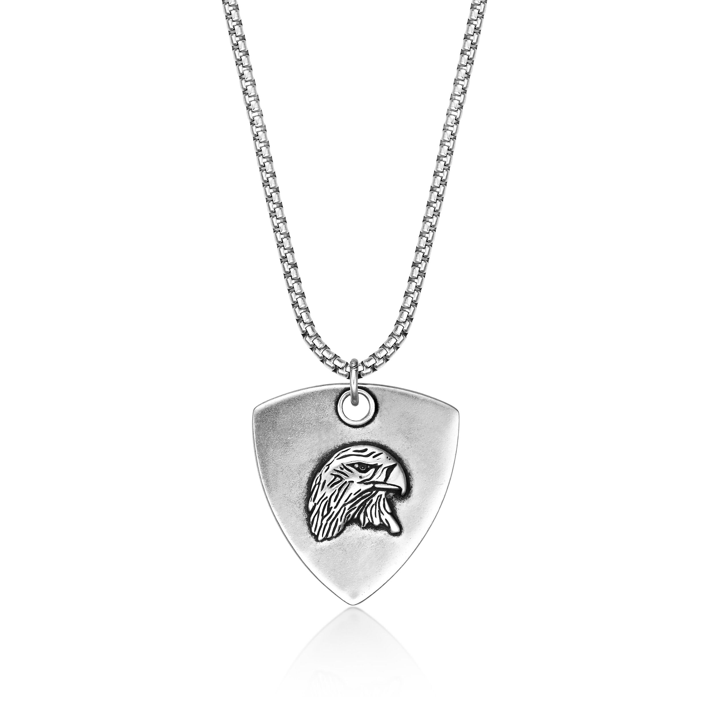 Men's Black Spinel Eagle Shield Pendant in Sterling Silver