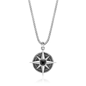 Men's Black Spinel Compass Pendant in Sterling Silver