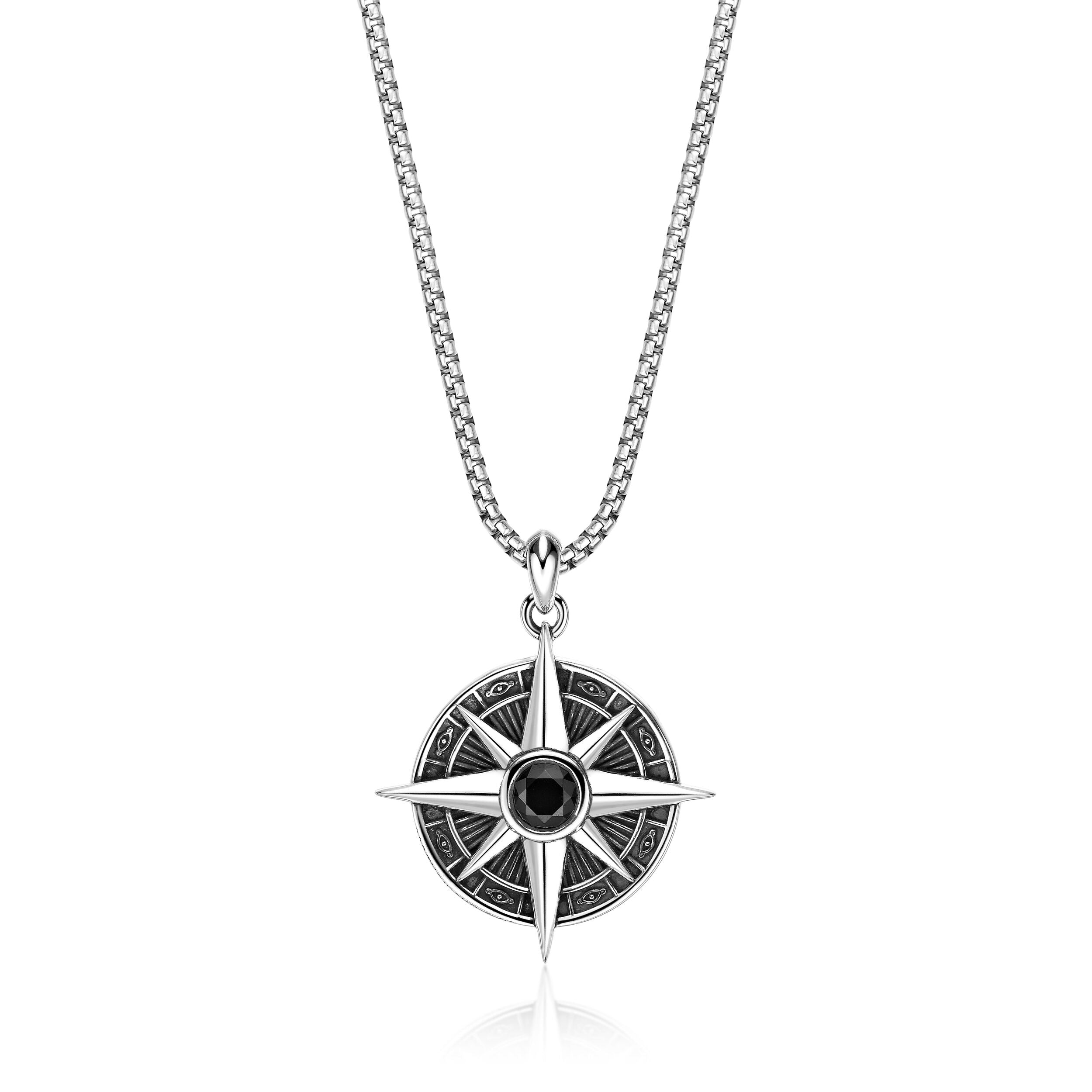 Men's Black Spinel Compass Pendant in Sterling Silver