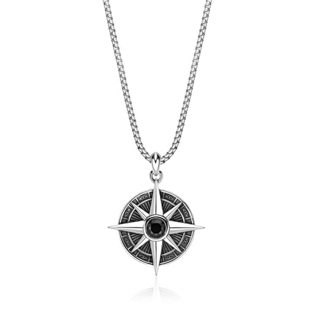 Men's Black Spinel Compass Pendant in Sterling Silver