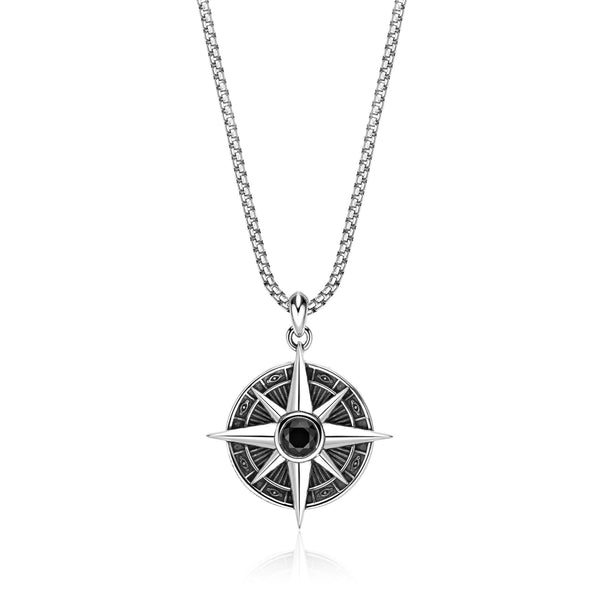 Men's Black Spinel Compass Pendant in Sterling Silver