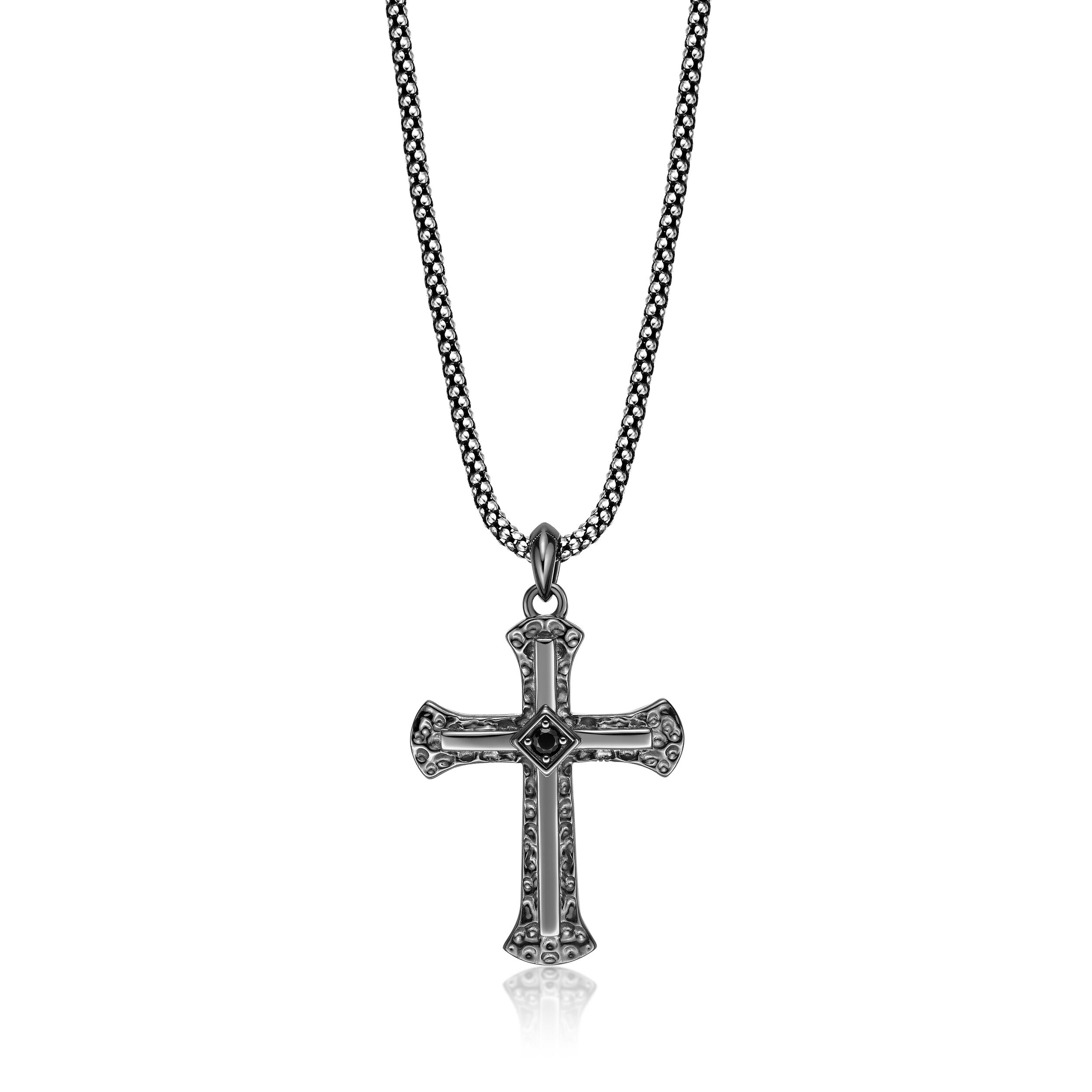 Men's Black Spinel Cross Pendant in Sterling Silver