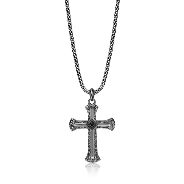 Men's Black Spinel Cross Pendant in Sterling Silver