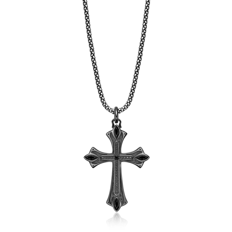 Men's Black Spinel Gothic Cross Pendant in Sterling Silver