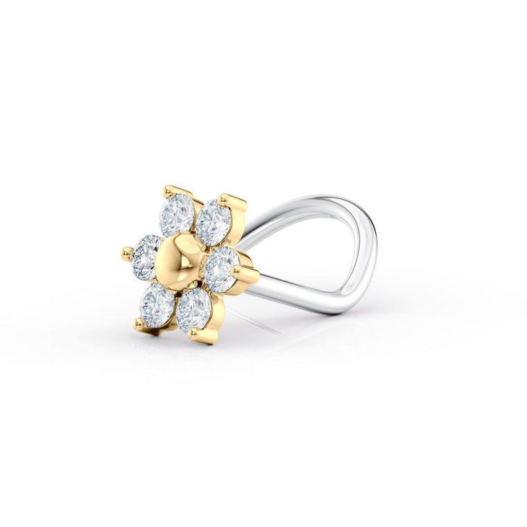 Titanim Flower Cubic Zirconia Curved Nose Ring with 14K Gold - 20G