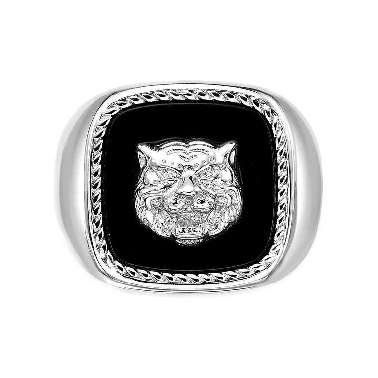 Lion's Head Statement Ring with Black Agate in Sterling Silver
